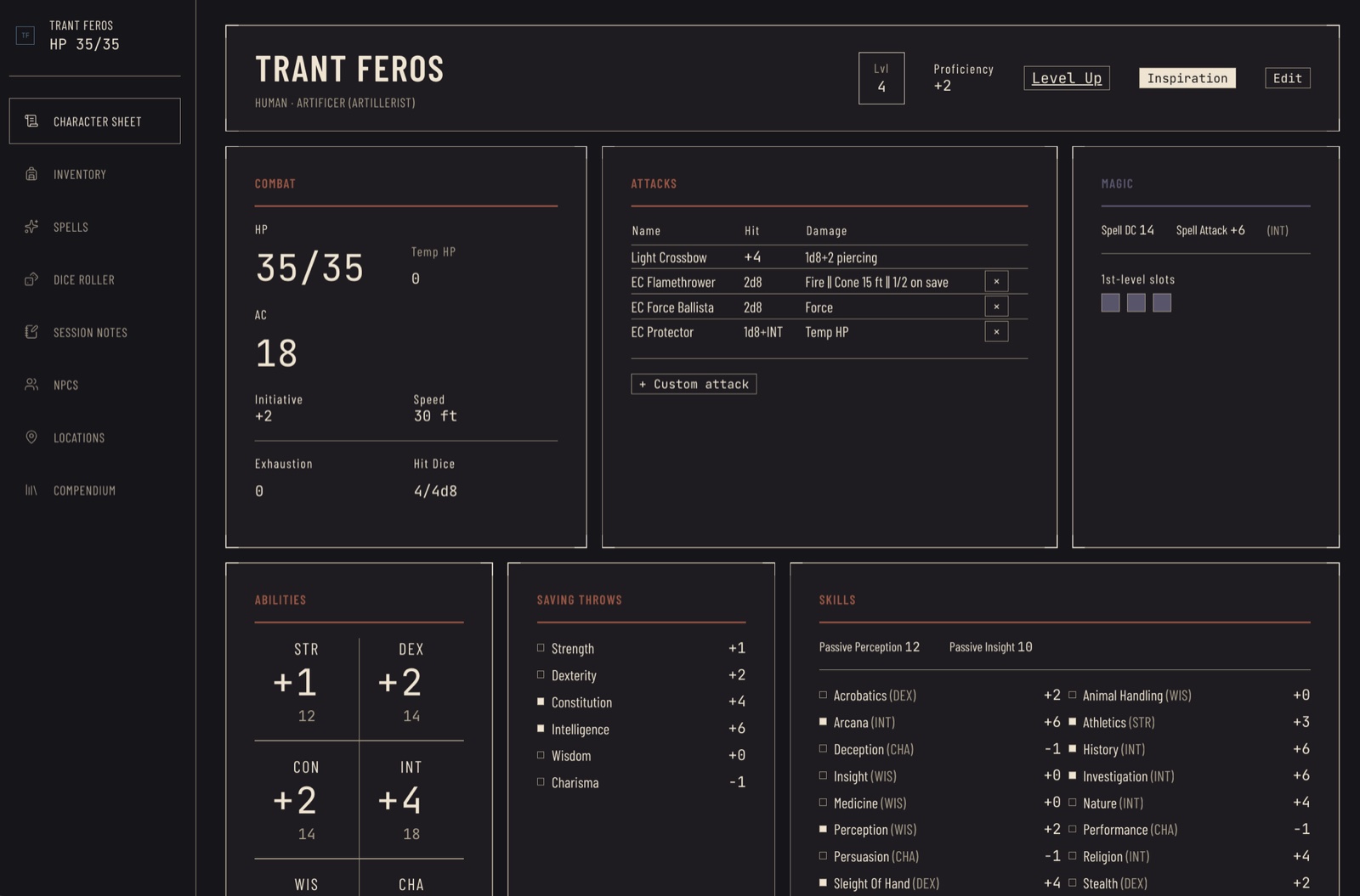 Ficha de personaje de un artífice artillero humano de nivel 4: puntos de golpe, clase de armadura, ataques, espacios de conjuro, características, tiradas de salvación y habilidades, con el menú lateral de la app
