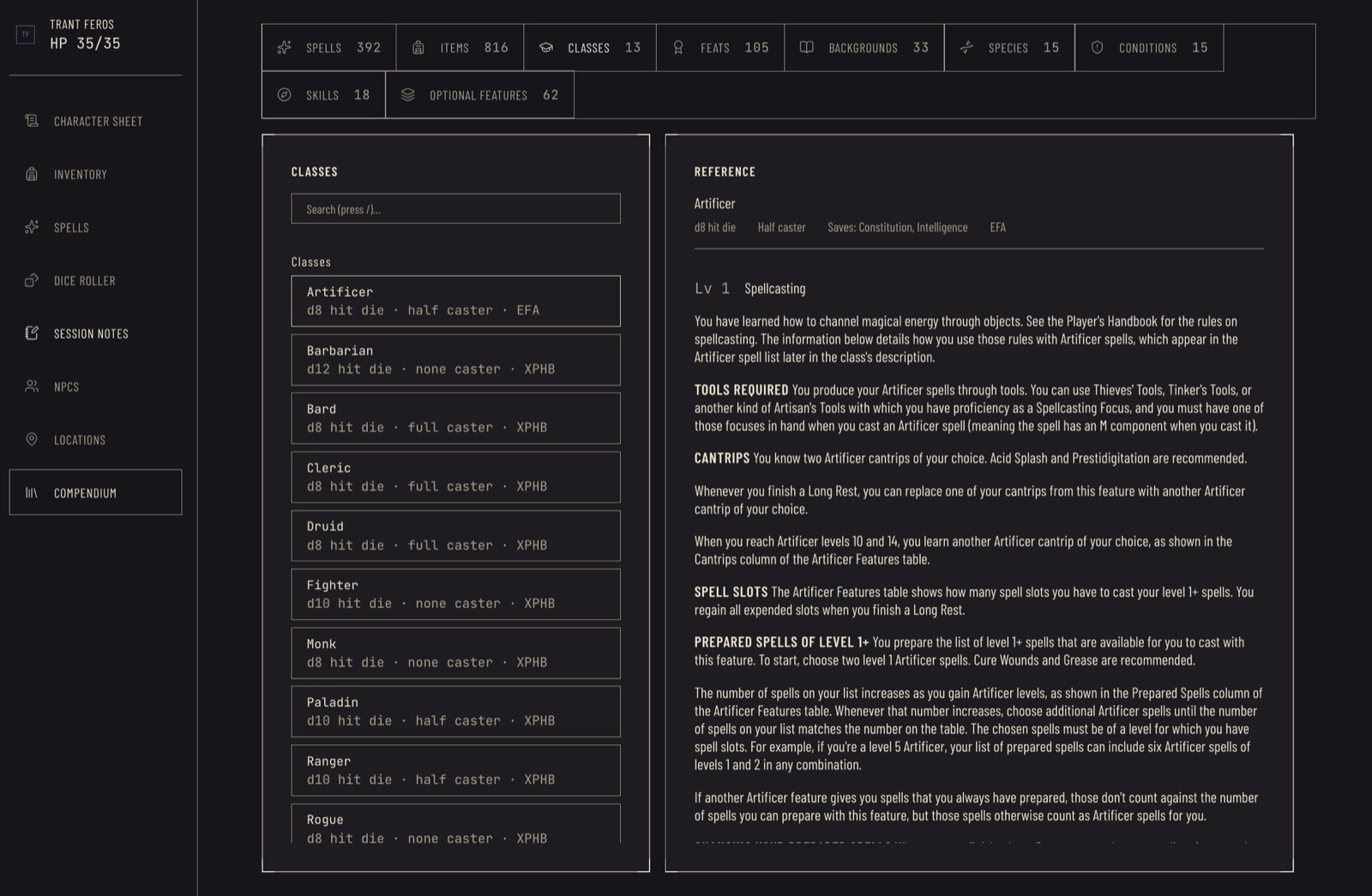 Compendio de reglas: pestañas con el número de conjuros, objetos, clases, dotes y más; la lista de clases y el texto de referencia del Artífice