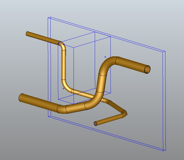 3D model of two closing pipes routed around a box-shaped obstacle in front of a panel