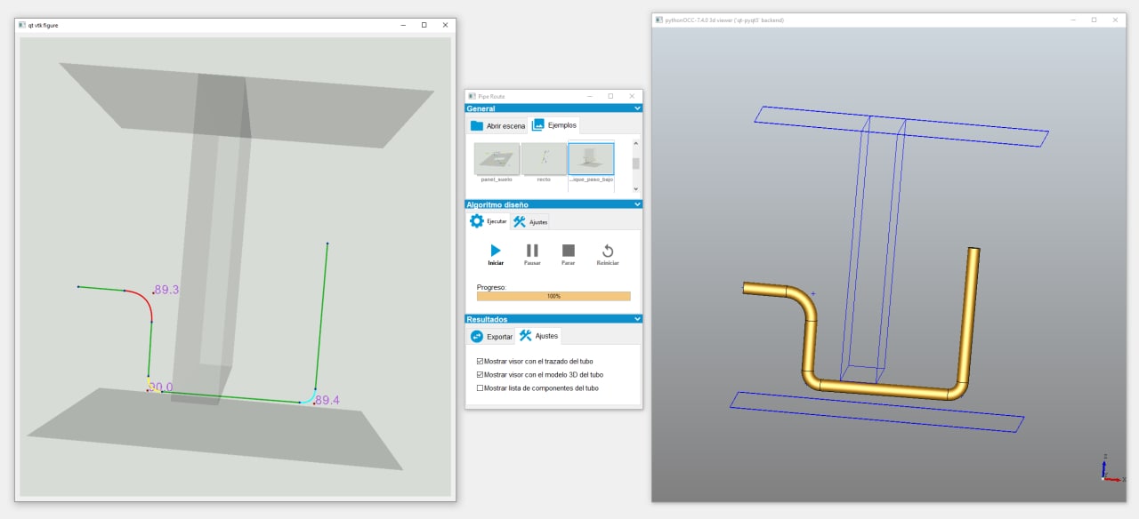 Three prototype windows: the pipe route with its bend angles, the Pipe Route panel running the design algorithm, and the 3D model of the pipe between two ship blocks