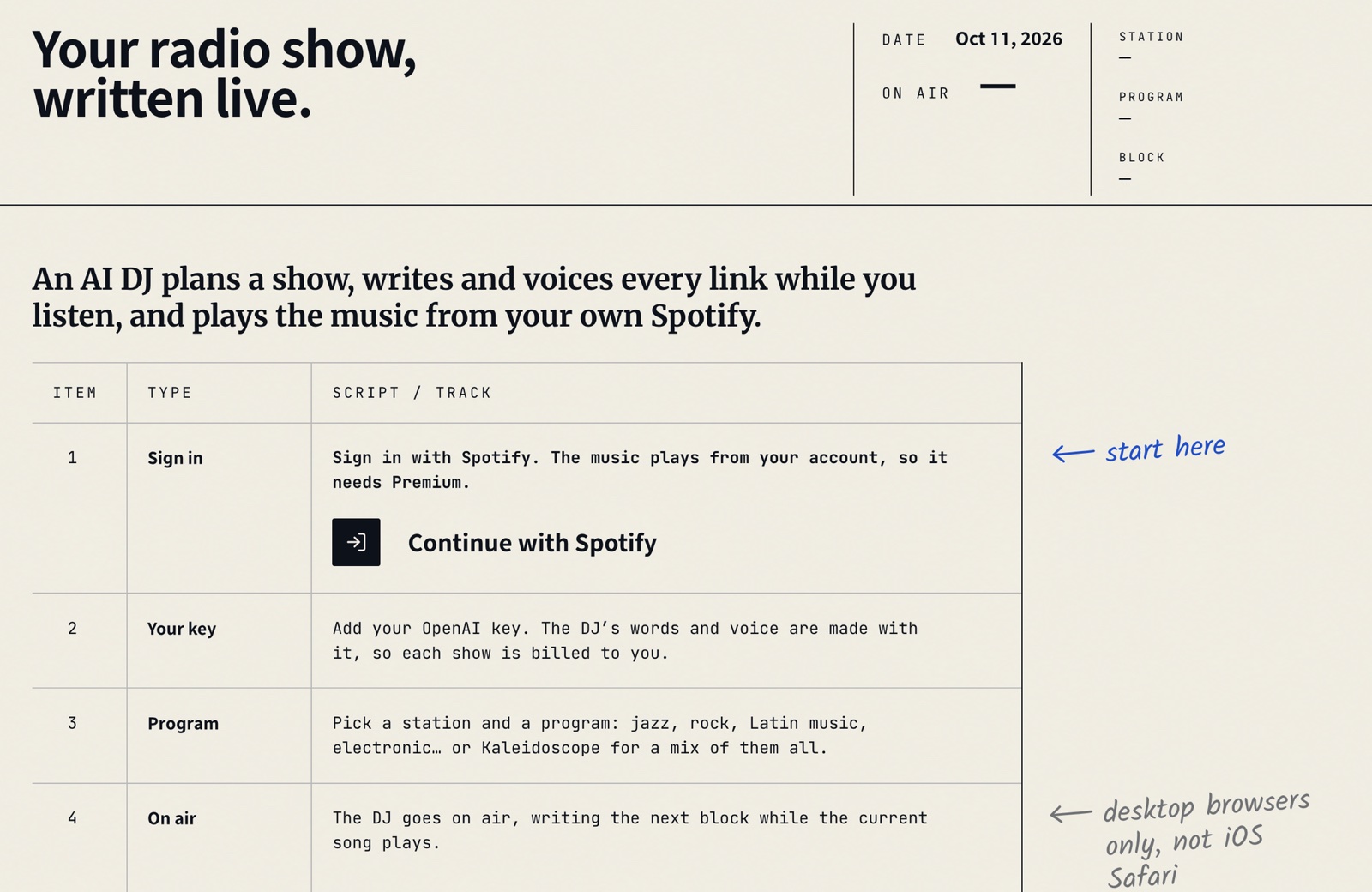 Página de inicio de Radio Show con cuatro pasos en forma de escaleta: iniciar sesión con Spotify, añadir la clave de OpenAI, elegir programa y salir al aire