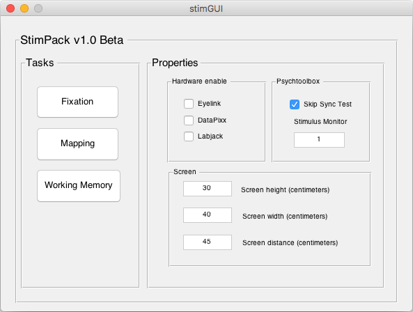 Ventana principal de Stimpack: botones para las tareas de fijación, mapeo y memoria de trabajo, y ajustes del hardware (Eyelink, DataPixx, Labjack), de Psychtoolbox y de la pantalla