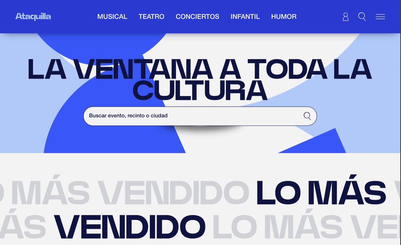 ATaquilla home page: a menu with musicals, theatre, concerts, kids and comedy, the tagline "La ventana a toda la cultura" with a search box for events, venues and cities, and the best-sellers section